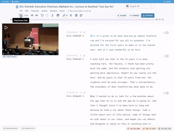 Demo of Sonix AI transcription used for clinical and academic research Interactive transcript of a university lecture transcribed with Sonix AI software