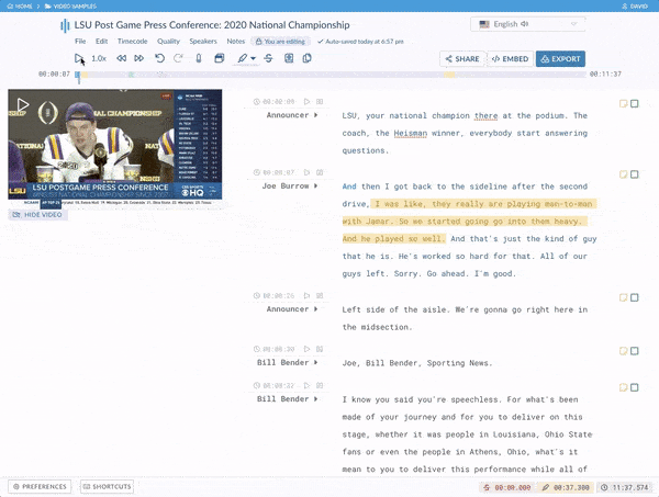 Sonix - LSU College Football Playoff Championship 2020 Press Conference - Interactive transcript in the Sonix player demo Sonix Automated Transcription. Example screenshot: Stanford professor Mark Lemley talks about the Supreme Court's ruling in Alice Corp vs. CLS Bank International