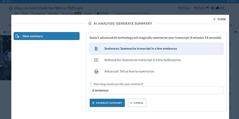Sonix's AI Analysis tools will summarize your transcripts Sonix automatically summarizes your transcripts using leading natural language processing algorithms.