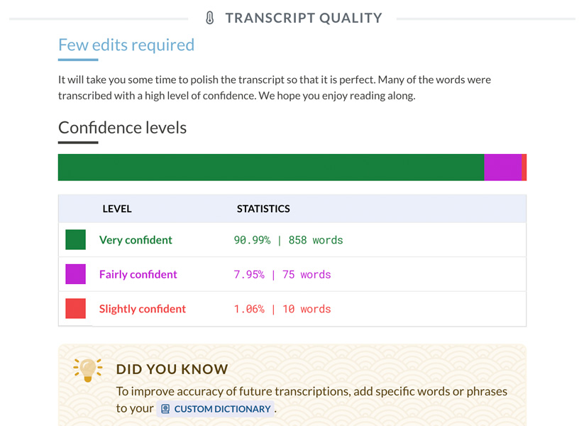 Sonix - High level of confidence for transcription quality. Only a few edits are required to get your transcript into perfect shape! Sonix editor: Transcription quality modal