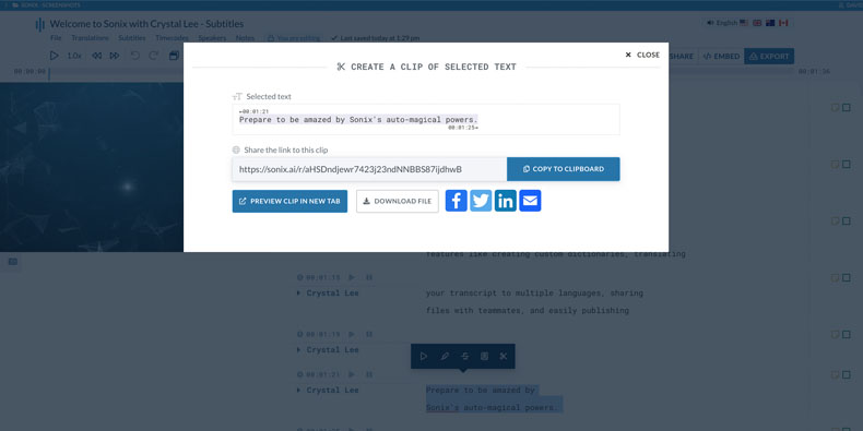 Speed up your workflow and publish on social media in seconds Easily share clips made with Sonix on your social media