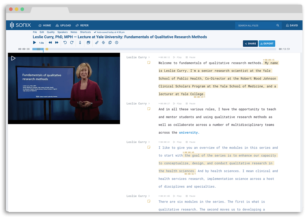 Sonix example screenshot: Leslie Curry, PhD, MPH lecture about Qualitative Research at Yale University Example screenshot of Sonix Research Transcript: Leslie Curry, PhD, MPH lecture about Qualitative Research at Yale University