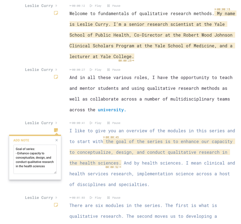 Sonix example screenshot: Leslie Curry lecture on Qualitative Research -- transcribed by Sonix Sonix example transcript: Leslie Curry lecture on Qualitative Research -- transcribed by Sonix